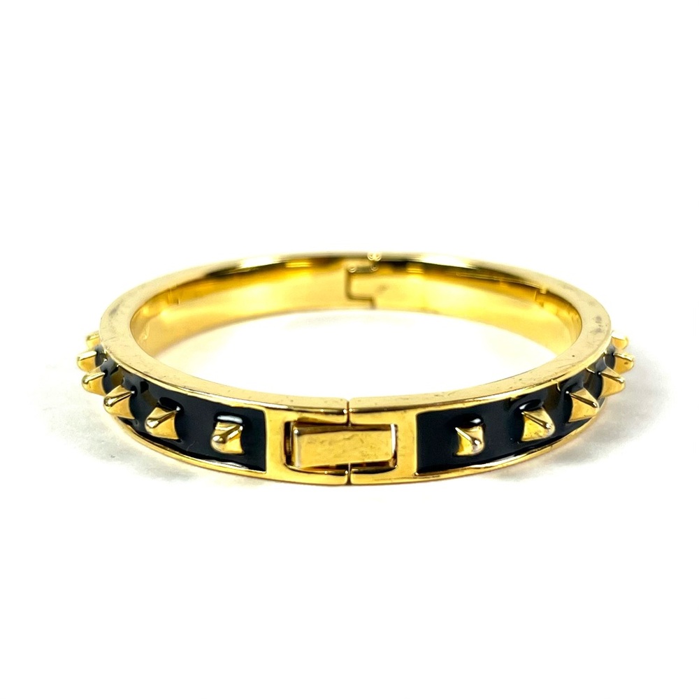 J. Crew Studded Spike Black Enamel Gold Tone Metal Bangle Hinge Bracelet - Picture 2 of 3